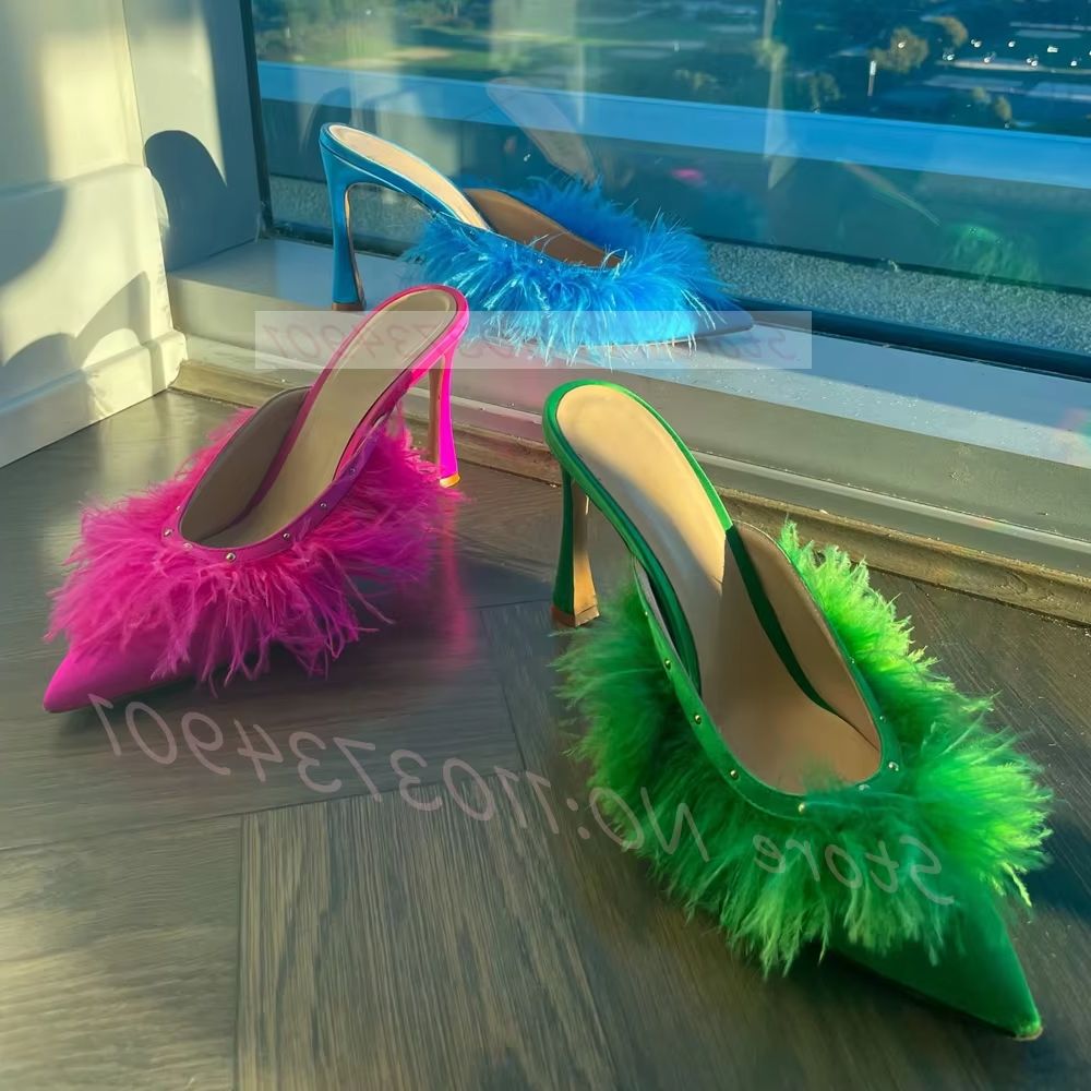 Court Heel Pointed - Puszyste strusie pióra, szpilki, damskie seksowne